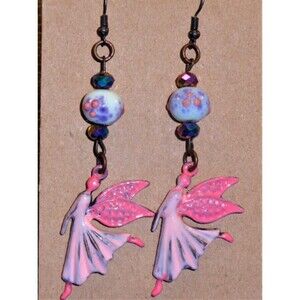OOAK hand painted Pink Fairy dangle artist Earrings brass hooks